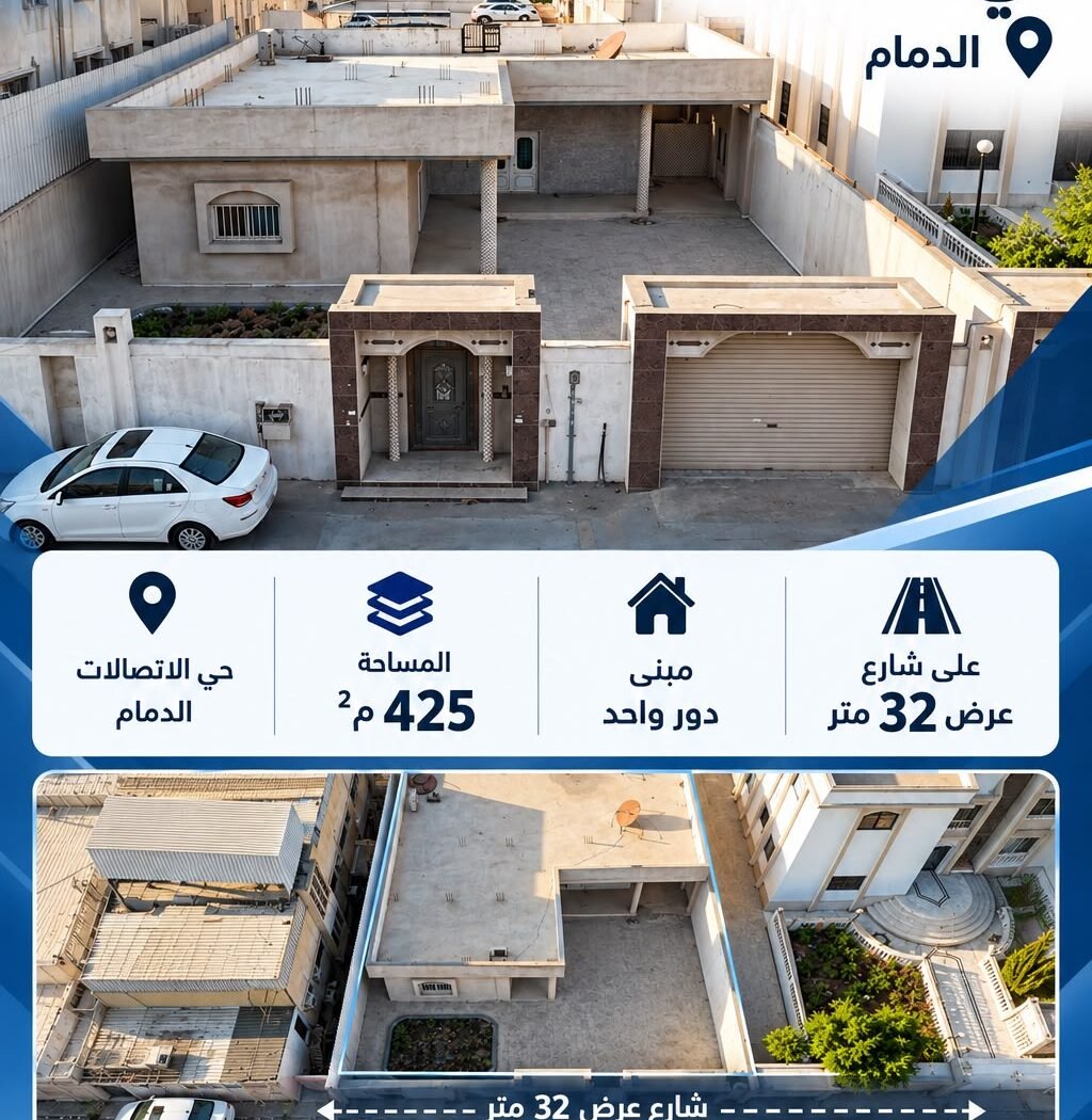 عقار في حي الاتصالات بالدمام – مساحة 425 م² على شارع 32 مترًا